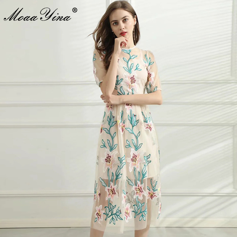 

Fashion Runway Designer Summer Elegant Party Dress Women' Short Sleeve Mesh Floral Embroidered Midi Dresses 210524, Multi