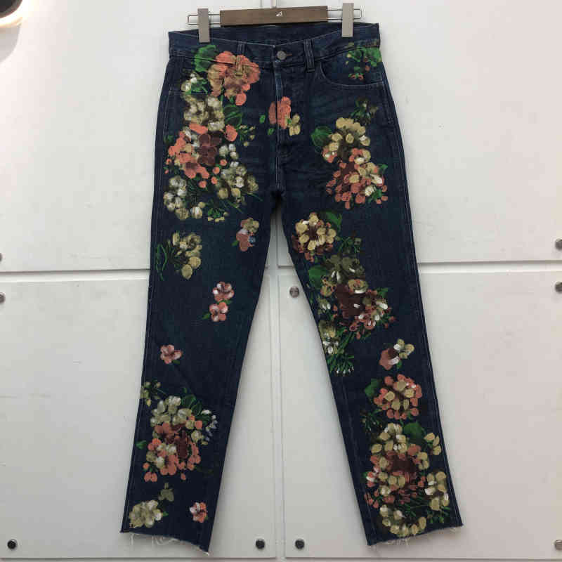 

Flower Graffiti Print Vintage Washed Distressed Jeans Men Women High Quality Pants Trousers, Blue