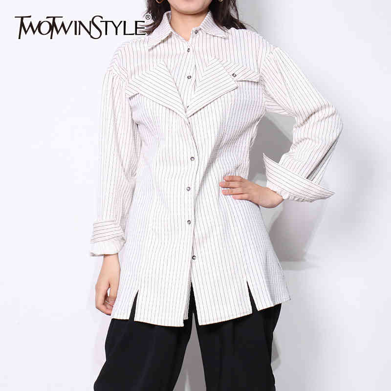 

Casual White Striped Shirts For Women Lapel Long Sleeve Patchwork Ruffle Slim Korean Blouses Female Spring 210524