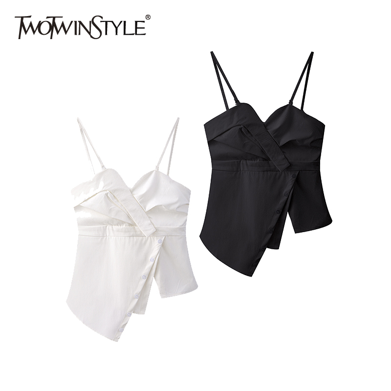 

Sexy White Vest For Women V Neck Sleeveless Asymmetrical Patchwork Slim Tank Tops Females Summer Fashion Style 210524, Black