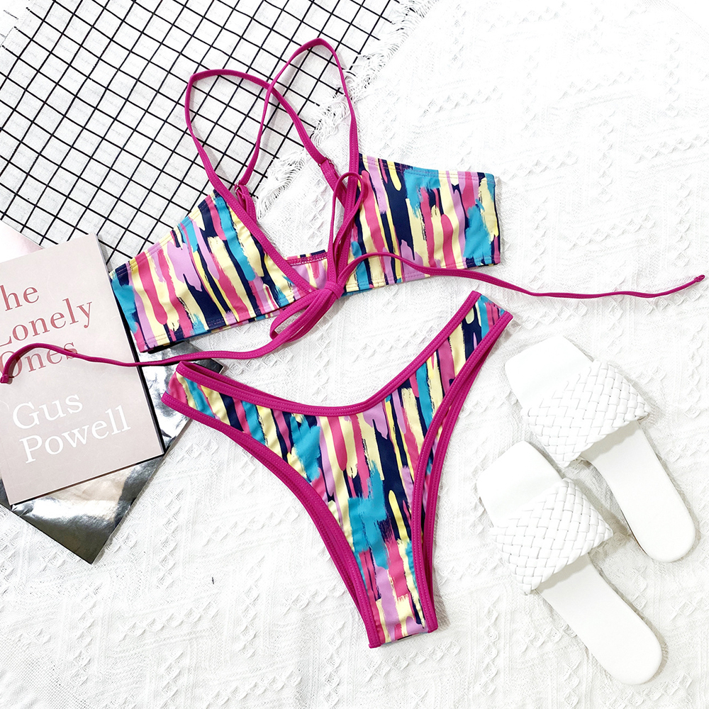 

New Sexy Halter Bikini 2021 Colorful Striped Print Swimwear Women Swimsuit Female Two Pieces Bikini Set Bather Bathing Suit Swimswimwear Bat