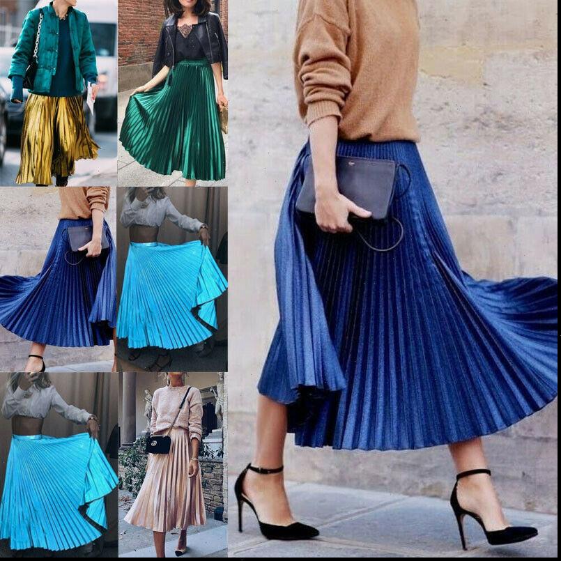 

Autumn Long Metallic Silver Women Skirt Maxi Pleated Midi High Waist Elascity Casual Party, Black