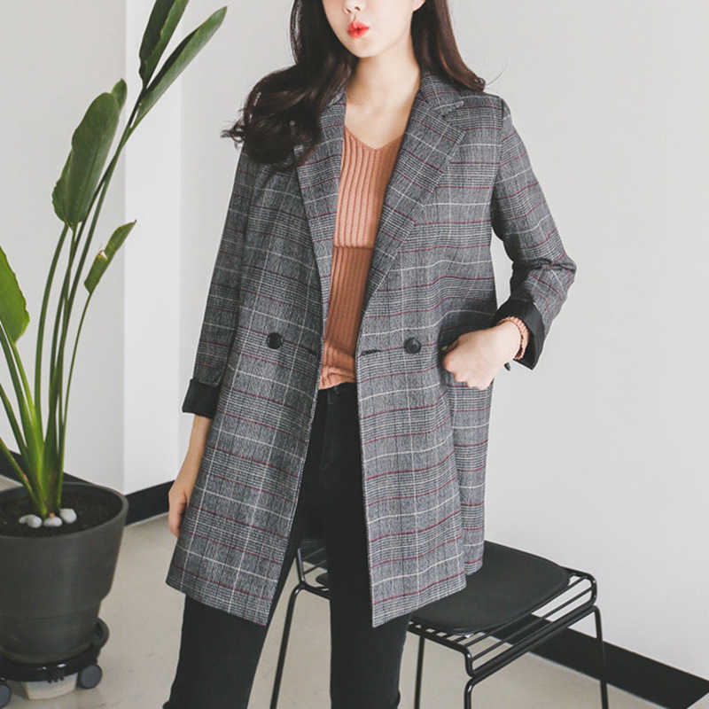 

Plus Size Women's -5XL Spring and Autumn Korean Retro Plaid Casual Suit Jacket High Quality Elegant Long Coat Female 210527