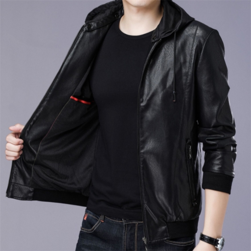 

Men's leather jacket men's motorcycle detachable hood winter coat warm luxury PU 211111, Black