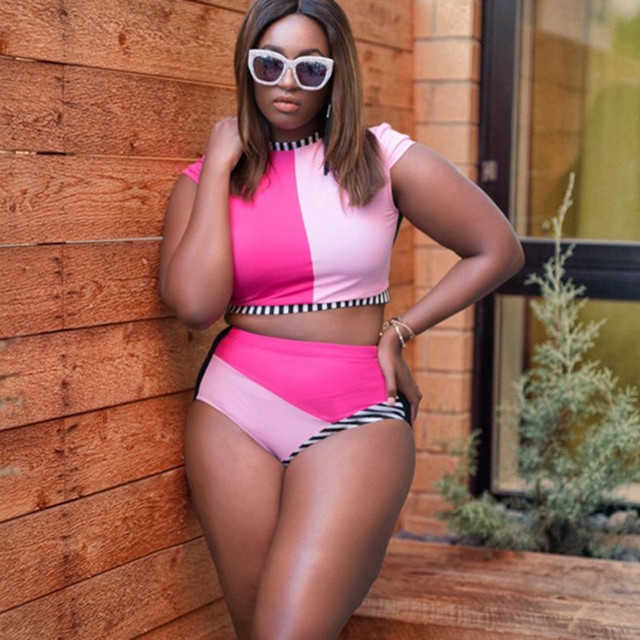 

Swimsuit 2021 Short Sleeve Women Large Swimsuit Plus Size 4xl High Ne Patchwork Bathing Suit Female Bikinis Set Waisted Swimwear, Black