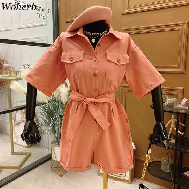 

Denim Jumpsuit Women Fashion Single Breasted Short Sleeve Ladies Playsuit Sashes Slim Straight Pant Bodysuit 210519, Pink