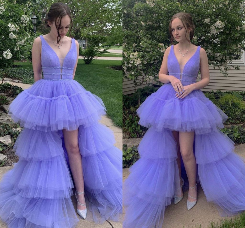 

Beautiful Lilac Hi Low Prom Graduation Dresses V neck 2022 Tulle Layers Short Front Long Back PLeated Sequin Ruched Beaded Party Pageant Evening Formal Gowns, Dark red