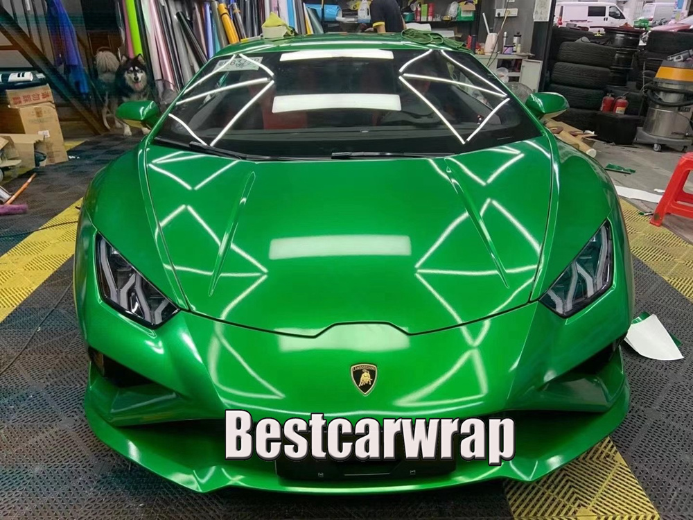 

Ultra Gloss Metallic Fire Green Vinyl Car Wrap foil With Air bubble free Low tack glue initial 3M quality 1.52x18m roll
