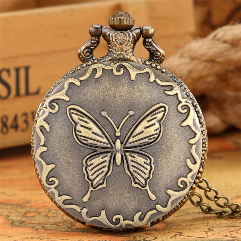 

Steampunk Butterfly Design Mens Womens Quartz Analog Pocket Watch Arabic Number Dial Top Gift Pendant Clock for Kids Necklace Chain, Bronze