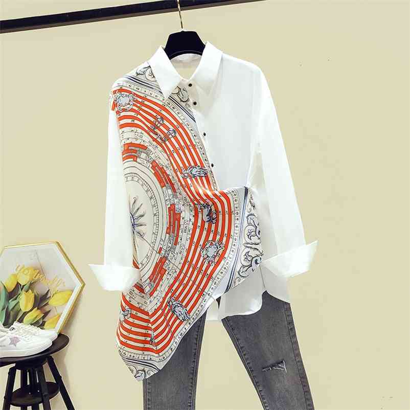 

Autumn Fashion Women' Turn Down Collar Long Sleeves Irregular Print Loose Shirts Ladies Shirt Female Blouse Tops A3733 210519, Beige