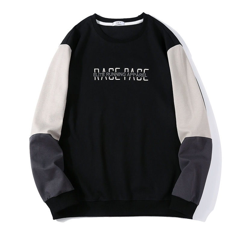 

2021 autumn and winter new round neck letter embroidered loose contrast color trendy sweater casual men's bottom shirt, Black