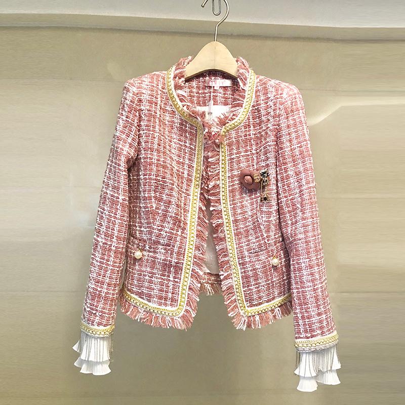 

Women' Jackets High Quality Vintage Tassel Pink Tweed Jacket Coat Women Autumn And Winter Chic Weave Woolen Office Lady Outwear, Picture color
