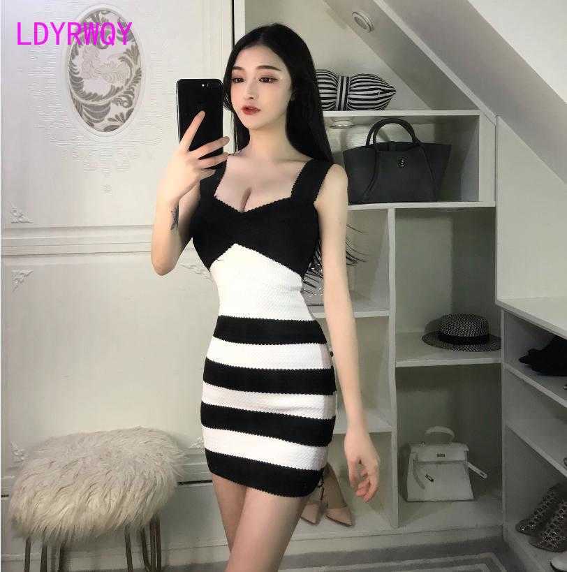 

bandage sexy low-cut sling slim slimming striped bottoming dress Spaghetti Strap V-Neck 210603, Stripe