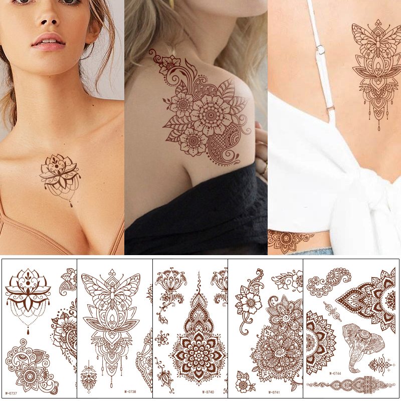 

Brown Henna Tattoo Sticker Flower Lace Necklace Neck Chest Clavicle Back Body Makeup Decal Temporary Waterproof Jewelry Design Snake Butterfly Elephant for Woman