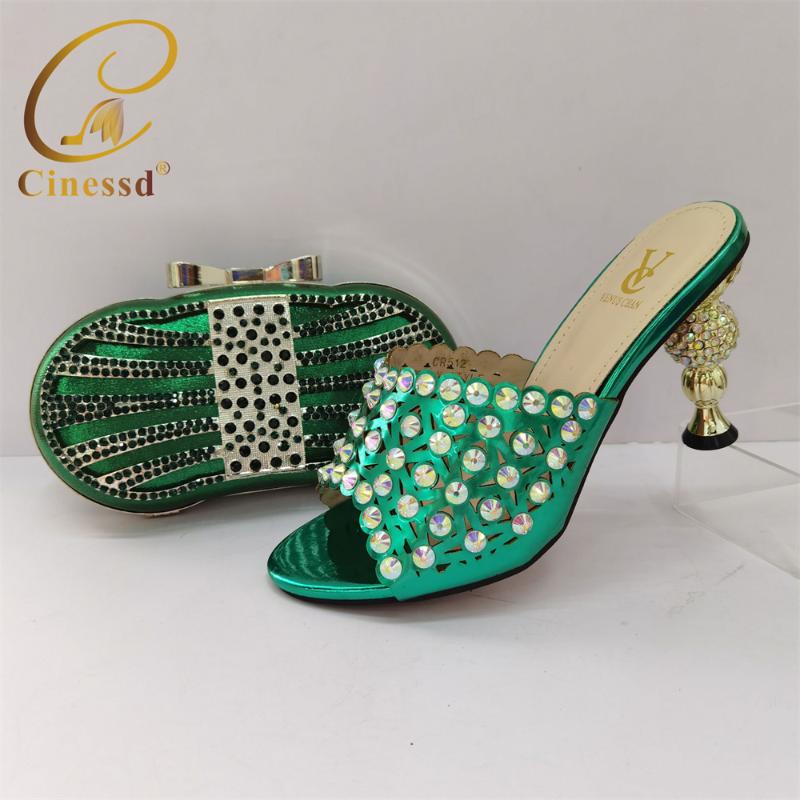 

Dress Shoes 2021 High Quality Arrivals Green Color Italian Design Matching Bag Set Mature Style African Ladies Pumps For