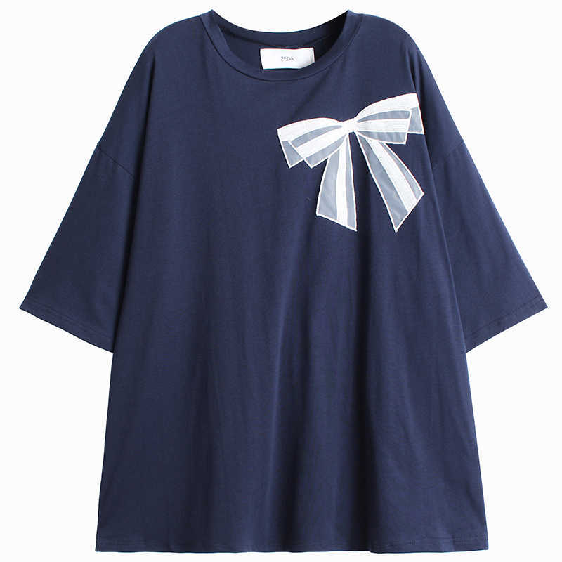 

VANOVICH Bowknot Printed Round Neck Women T-shirt Summer Cotton Casual Pluz Size Tops Clothes 210615, Black