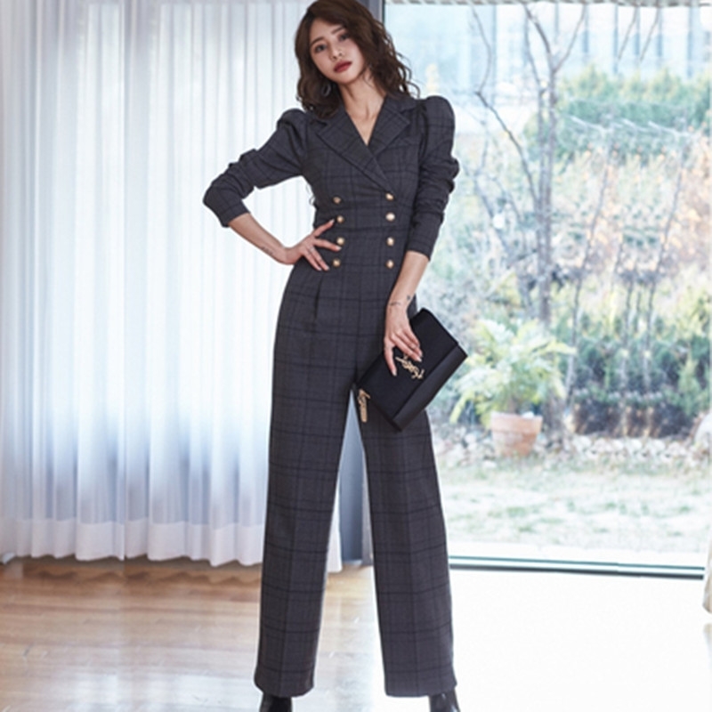 

ZAWFL Spring Elegant Women Double breasted Plaid Jumpsuits OL Work Wide Leg Pants Casual Loose Long Sleeve Rompers 210603, Black