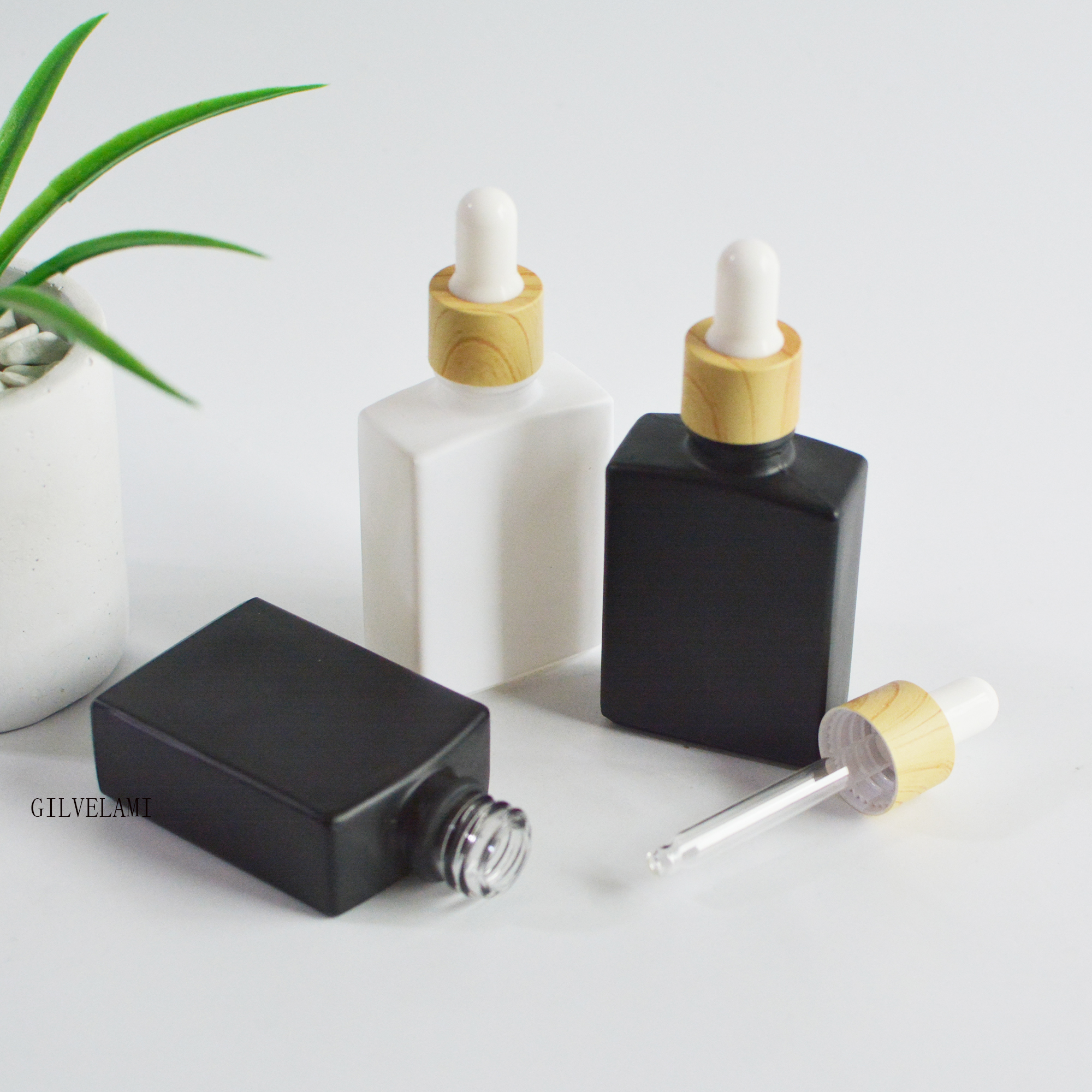 

30ml 1 oz Essential Oil Dropper Bottles with Plastic Bamboo Wood Look Caps Square Black/White Glass Cosmetic Drop Packaging Container Makeup