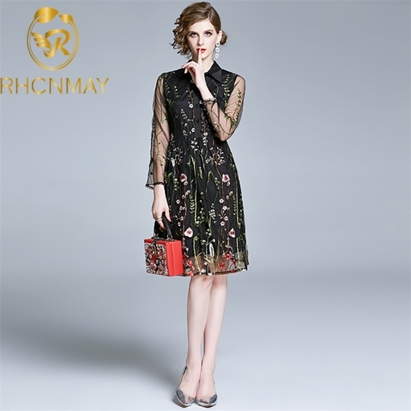 

Sexy Women Floral Embroidery Dress Summer Mesh Knee length See-through Long Sleeve Party Vestidos 210520, Black