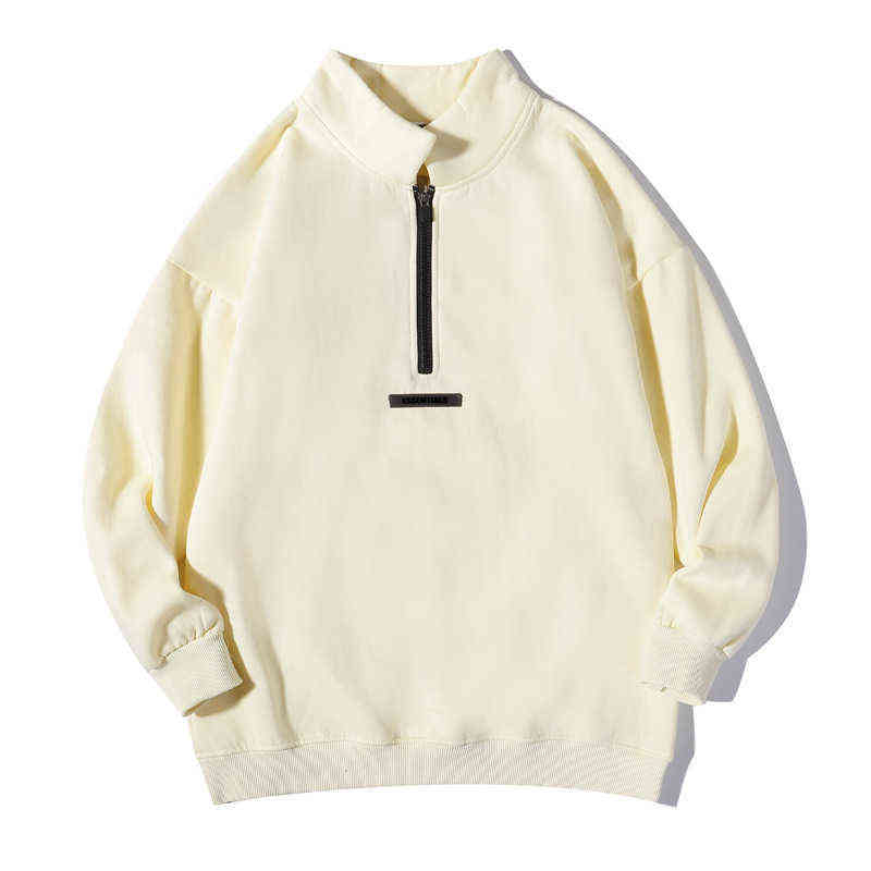 

2021FW Own Design Half Zip Mock Neck ESSENTIALS Hoodies Sweatshirts Rubber Letter Print Loose Ovesized Cotton Street Fashion Men H1103, Light khaki