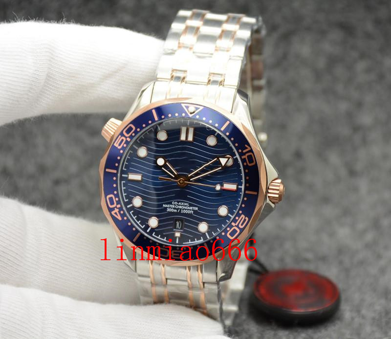 

42mm automatic outdoor mens watches watch gold case blue dial with black rotatable bezel dot hour markers and transparent back, Slivery;brown