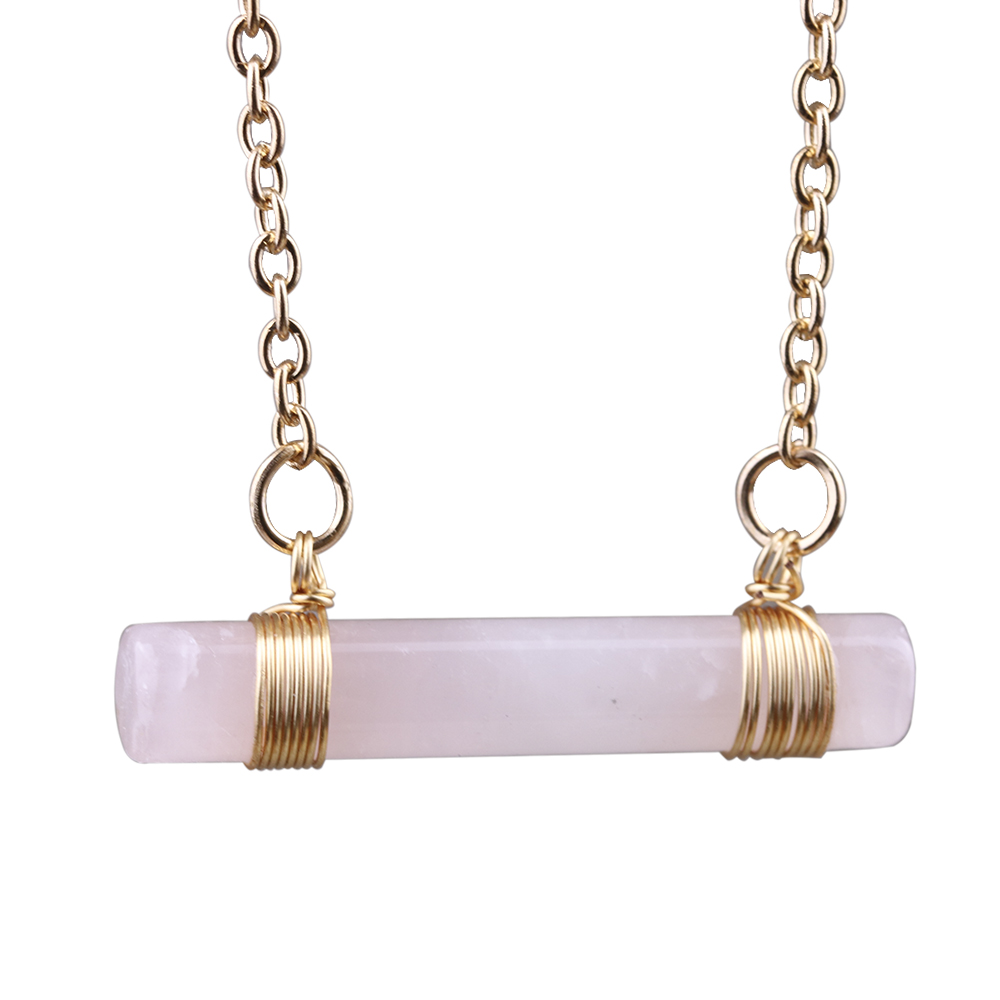 

Cylindrical Shape Rose Quartz Powder Pink Crystal Copper Pendant Chain Necklace
