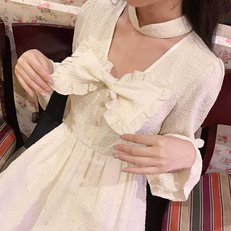 

Japanese Dres Long Sleeve Elegant White Korean Female Square Collar Ruffles Bow Casual Lolita Autumn Clothing 210604, As the picture