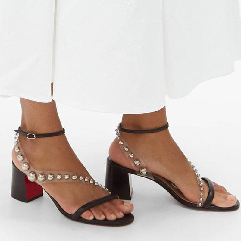 

Summer luxury red-sole shoes Mid heels women sandals chunky heel red bottoms sandal Corinne PVC-strap Geunine leather sandals studs Beads decoration