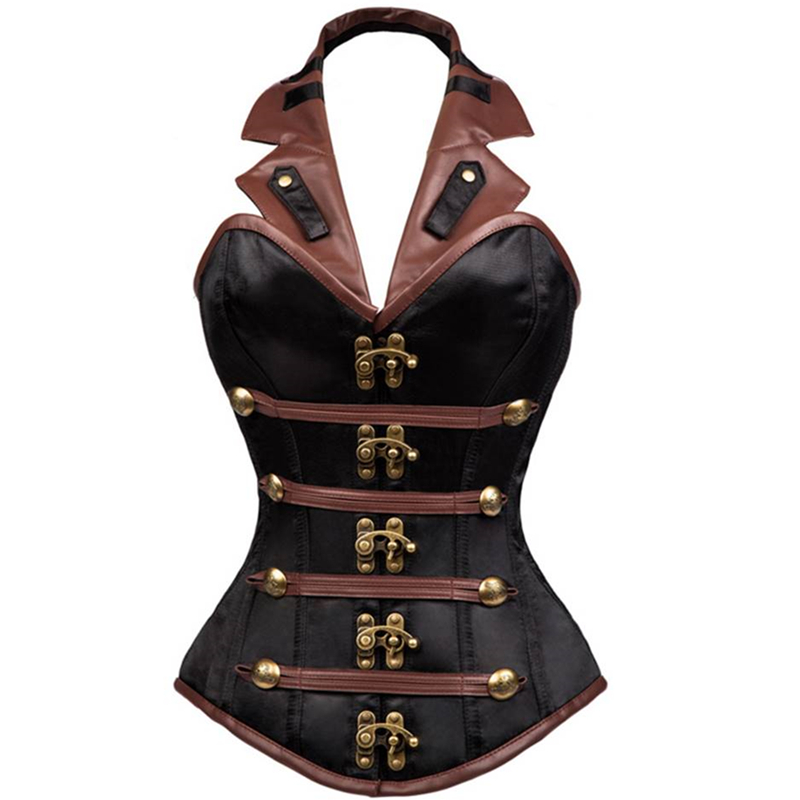 

Woman Bustiers Brown Steampunk Corset Vintage Leather Steel Bone Overbust Corset Vest Gothic Retro Korse Women Slimming Waist Shapewear Cors, Black