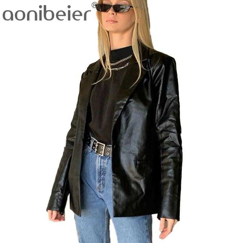 

Black PU Blazer Spring Autumn Sleeve Turn Down Collar Women Office Lady Single Button Long Suit Jackets 210604