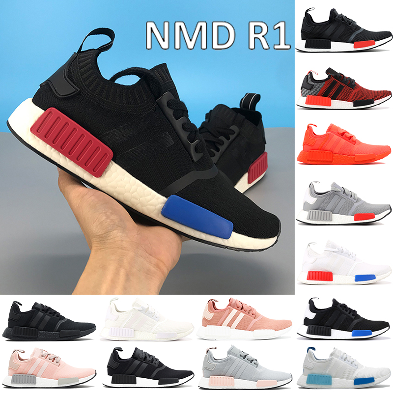 

With Box NMD R1 running Shoes core black monochrome lush red blanch blue triple white fashion men women sneakers US 5-11, Double box