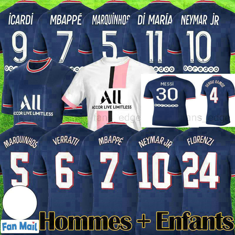 

2021 2022 PSGSoccer Jerseys 30 MESSI 4 SERGIO RAMOS MBAPPE DI MARIA ICARDI VERRATTI KIMPEMBE KEAN Custom 21 22 Home Away NEYMAR shirt JR HAKIMI Football Uniform, 21/22 home ligue 1 patch