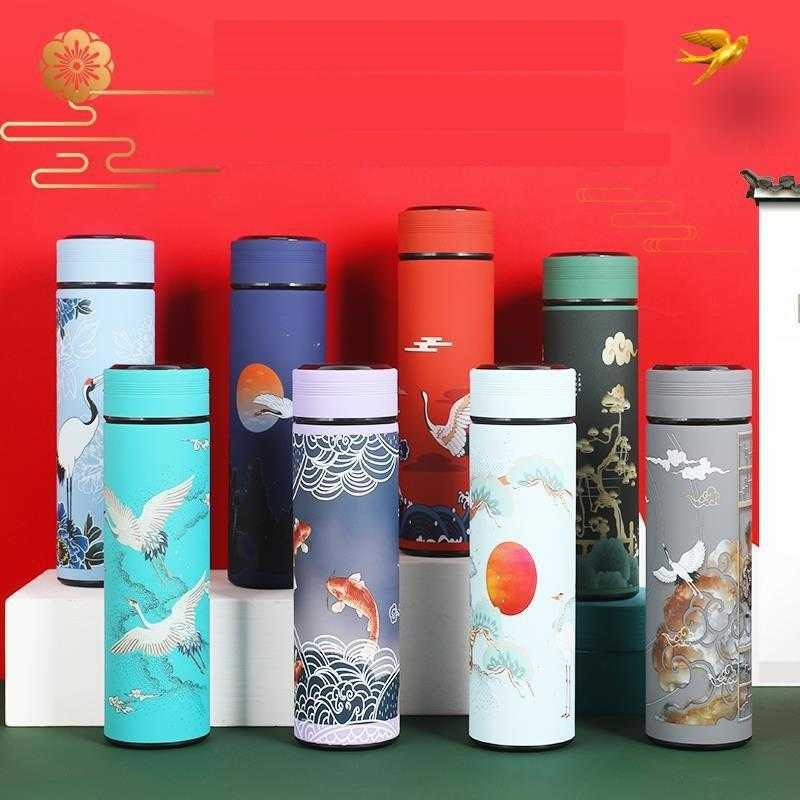 

500ml Smart Thermos Temperature Display Smart Water Bottle Stainless Steel Chinese Pattern Style Travel Coffee Thermos DAP152