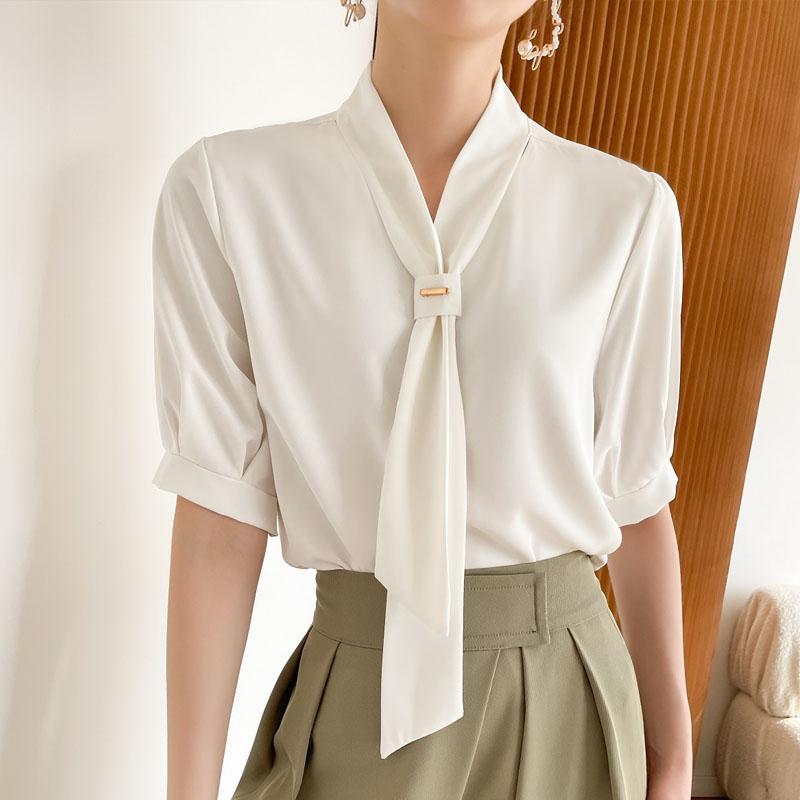 

Women's Blouses & Shirts Blusas Mujer De Moda 2021 Summer White Shirt Women Short-sleeved Chiffon Elegant Fashion Female Bow Simple 1040