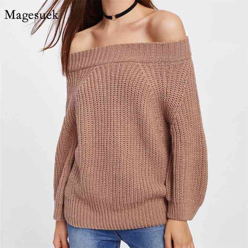

Pullover Sexy Horizontal Neck European and American Winter Women's Knitwear Solid Color Long Sleeve Sweater 11627 210518, Red
