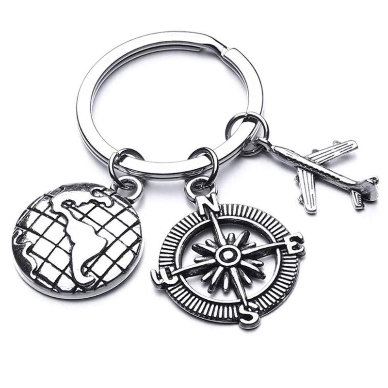 

Keychains Style Ancient Silver Earth Compass Plane Stewardess Keychain Travel Commemorative Backpack Pendant Creative Couple Jewelry