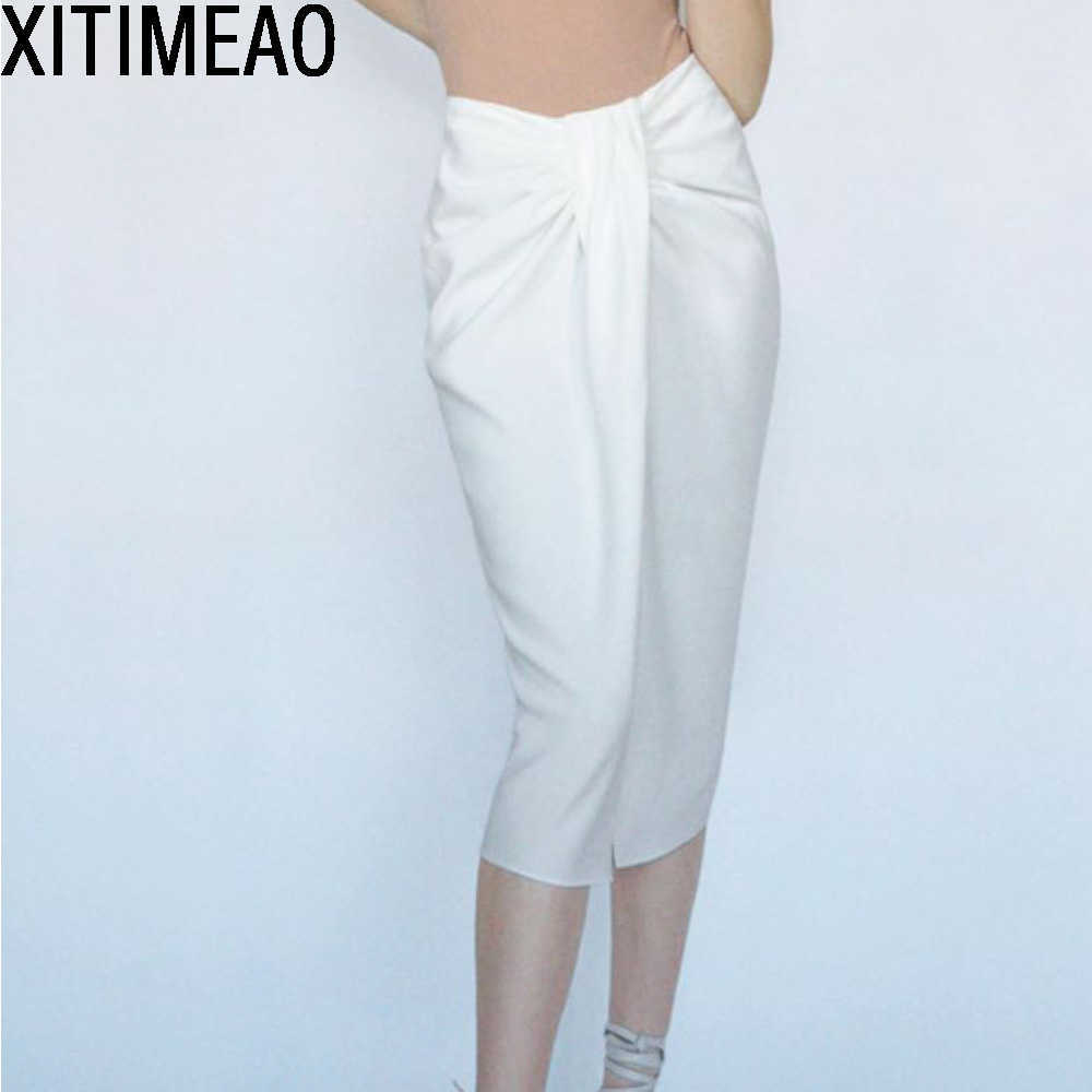 

ZA Women Chic Fashion Office Wear Knotted Wrap Midi Skirt Vintage High Waist Back Zipper Slit Female Skirts 210604, As picture