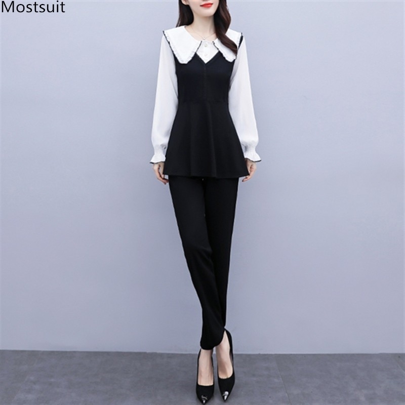 

Women Autumn Elegant Fashion Two Piece Set 5xl Plus Size Long Sleeve Tunic Tops And Elastic Waist Pants Korean Outfits 210518, White