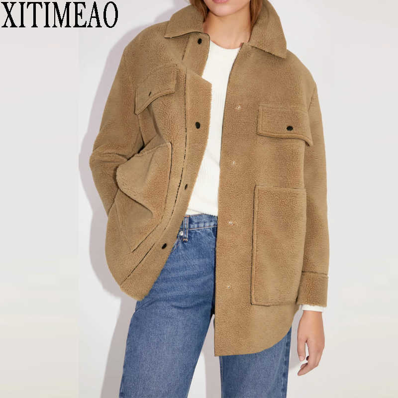 

ZA Winter Cashmere Coat Loose Long Ladies Made Lambskin Women Fashion Jacket Chic Overcoat 210604, Khaki