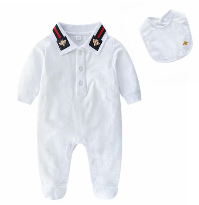

Retail Newborn Baby Embroidery Cotton Romper with bibs Christmas 0-12M Rompers Toddle infant bodysuit Children one-piece onesies Jumpsuits climbing clothes, White