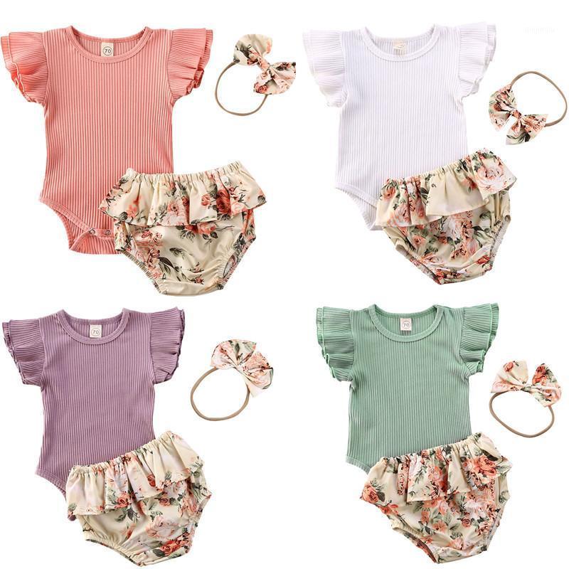 

0-24M Summer Baby Girls Clothes Sets Ruffles Sleeve Solid Romper+Floral Shorts+Headband 3pcs Lovley Girl Clothing Outfits, White