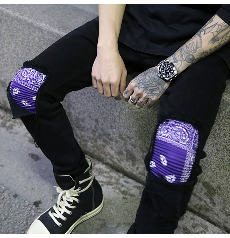 

High Street Cashew Patch Stretch Jeans Slim Fit Men's Fashion Black Skinny Denim Pants Retro Casual Trousers, Yc6688 black purple