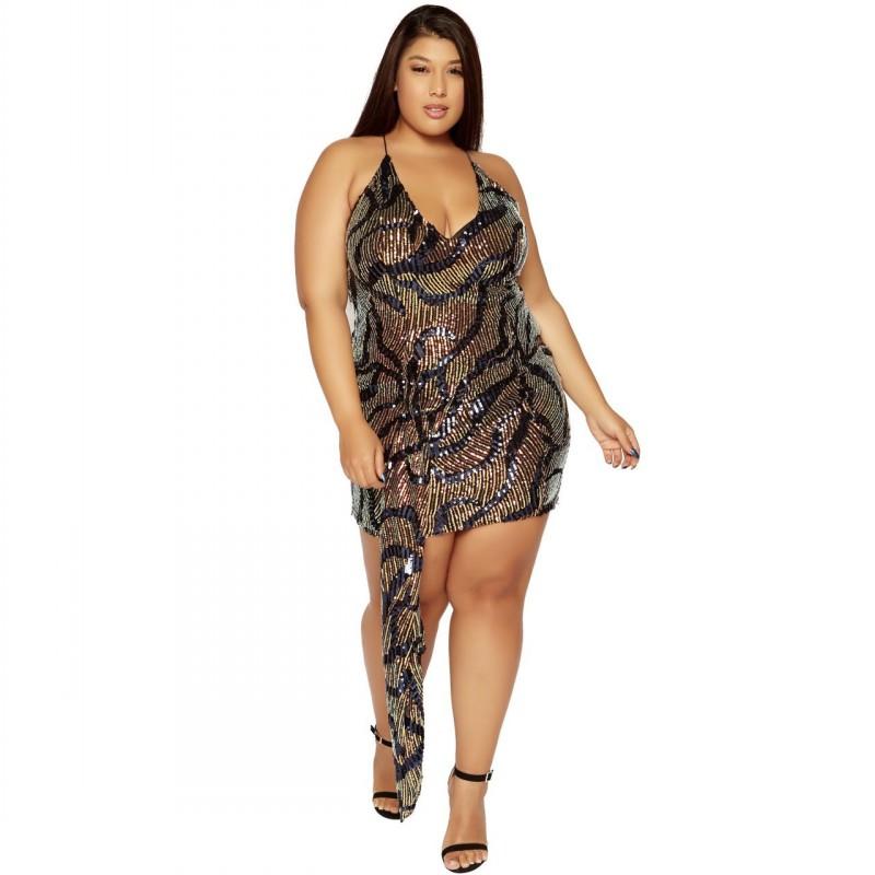 

Plus Size Dresses Women Halter Sleeveless Lace Up Short Dress Fashion Sexy Sequins Backless Night Club Vestidos Big Casual, Brown