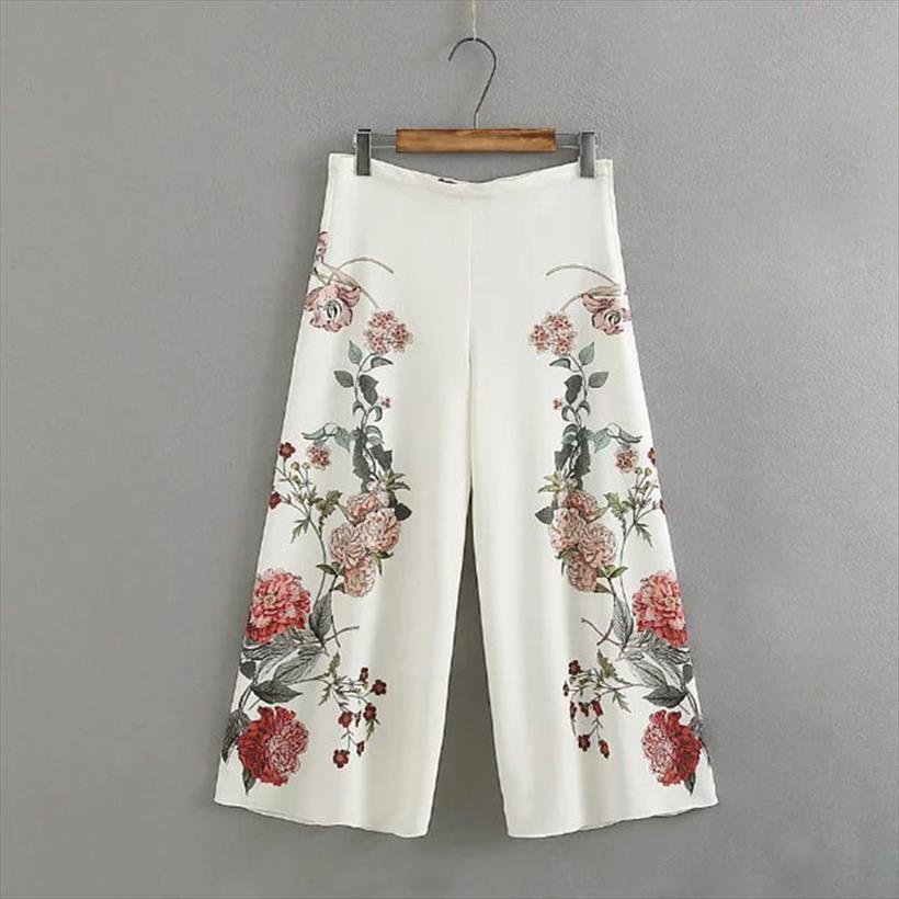 

spants spring summer flower womens pants print white long zipper wide leg elegant trouser, Black;white