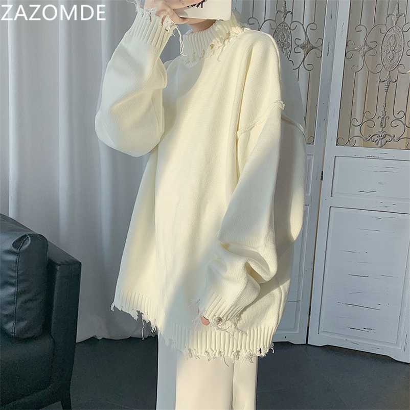 

ZAZOMDE Autumn Winter Men Sweater Solid Color Casual Loose Knitting Turtleneck Sweater tassel Pullovers Hip hop Street Male Tops 211018, White