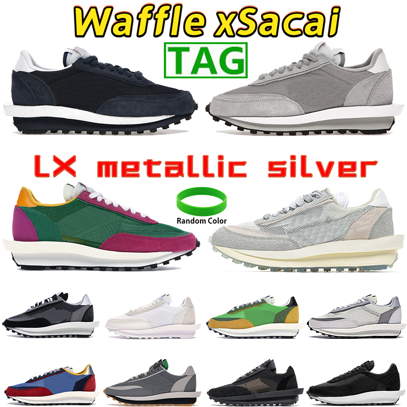 

Waffle xSacai men running shoes LX metallic silver Summit White green multi black nylon Pine Green SF Fragment Blue Void Grey women sneakers, 04.black