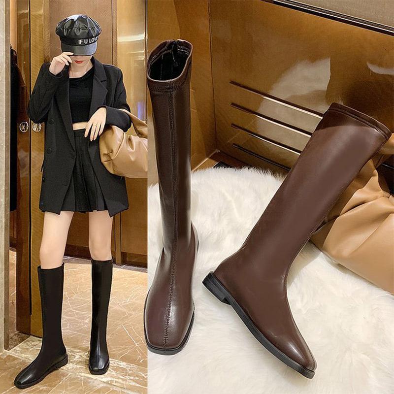 

Boots Woman High For Female Concise Long Zipper Boot Ladies PU Leather Square Toe Shoes Fashion 2021 Autumn, Black