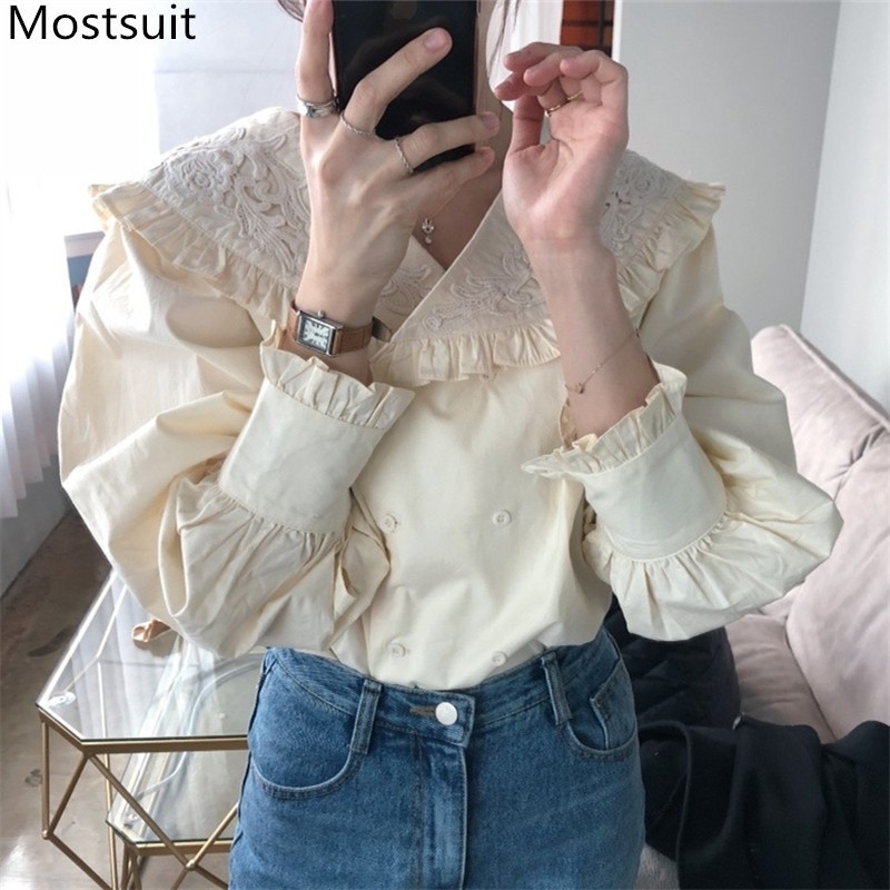 

Autumn Floral Embroidered Korean Women Blouses Shirts Long Sleeve Double-breasted Solid Fashion Vintage Tops Blusas Femme 210518, Green