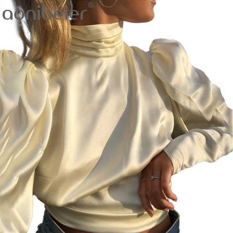 

Turtleneck Long Sleeve Solid Color Backles Shirt Spring Autumn Back Hollow Out Lace Up Female Elegant T 210604, Beige