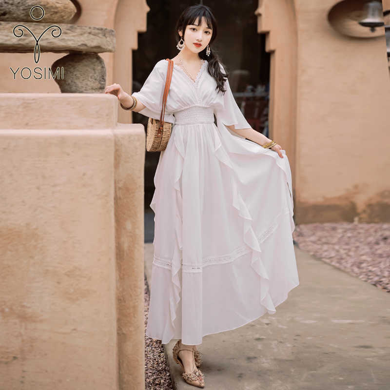 

YOSIMI White Chiffon Long Women Dress Summer Lace V-neck Fit and Flare Backless Ankle-Length Batwing Sleeve Beach Dresses 210604